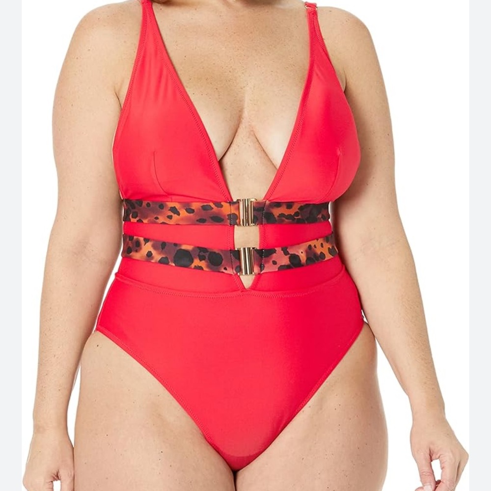Fox & Royal Swim red belted one piece swimsuit size 16 plus size NWT
